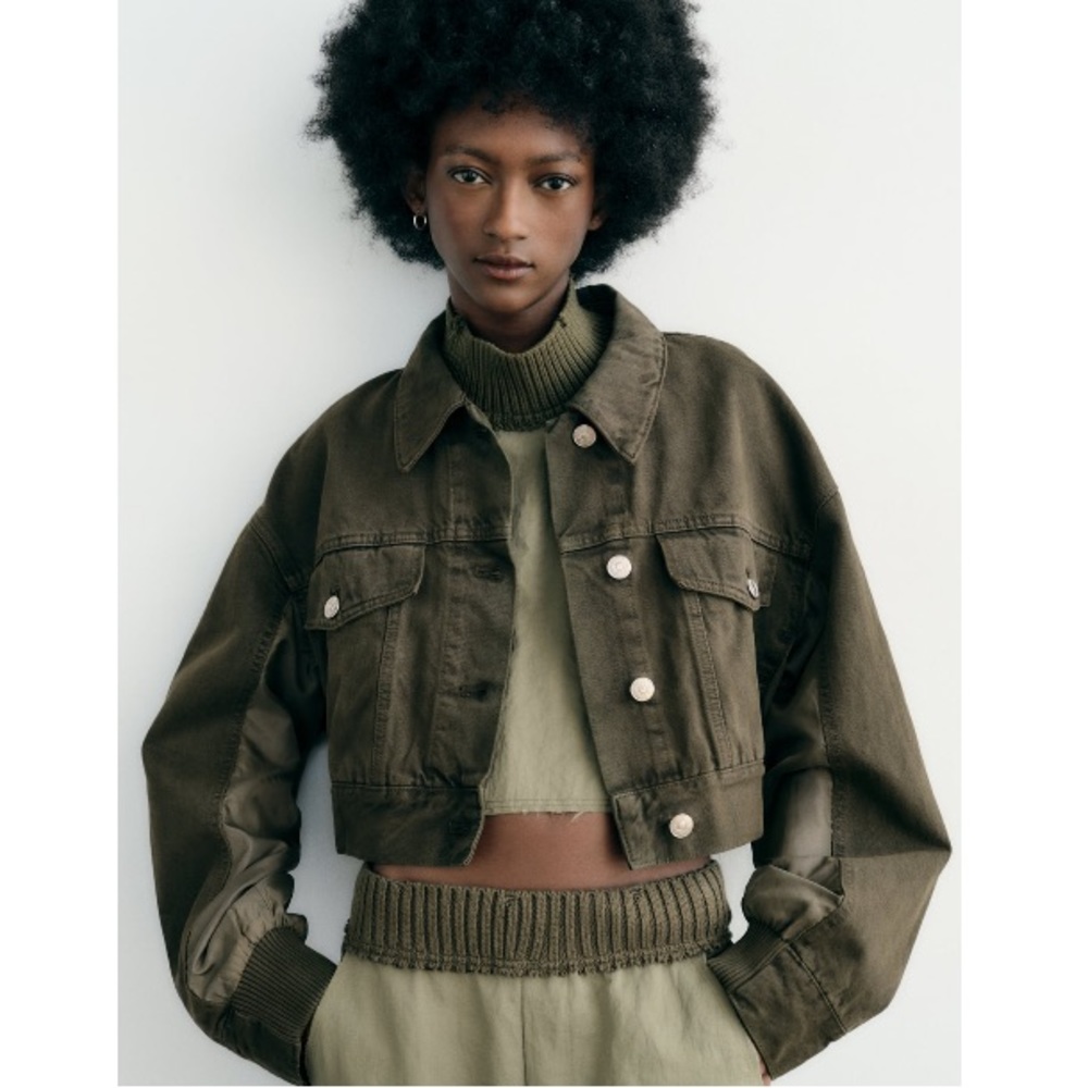 Zara Tonal Fabric Front Button Combination Cropped Jacket Sz:S